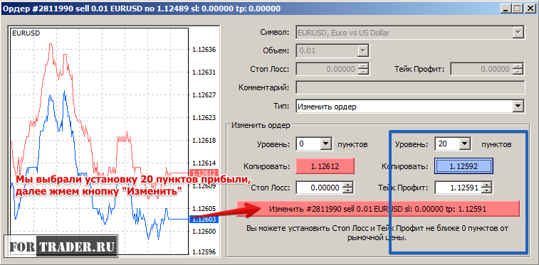 Как установить тейк профит на 20 пунктов от цены?