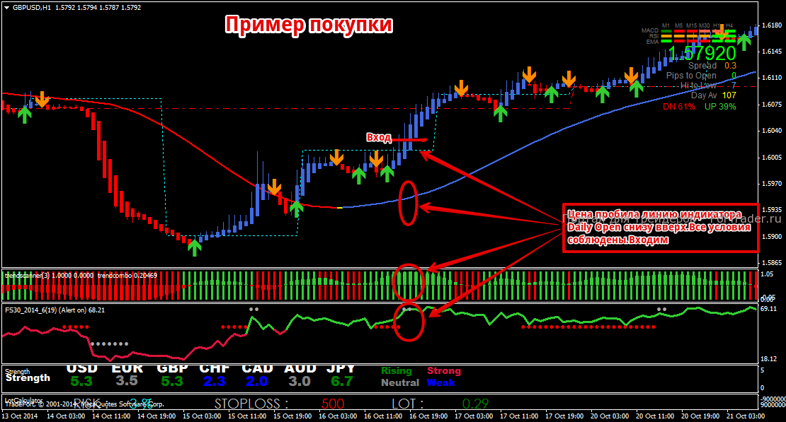 Пример открытия позиции на покупку по форекс стратегии Daily and Weekly Open Trading System