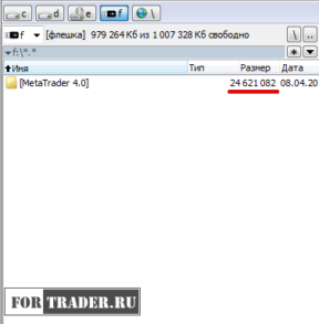 Размер папки с установленным терминалом MetaTrader 4 на флешке.