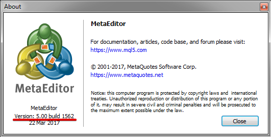 Обновляем metaEditor до нужного билда.